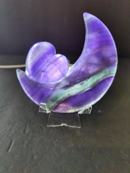Purple Fluorite Half-Moon & Heart Sculpture on 5" Metal Stand – Lapidary