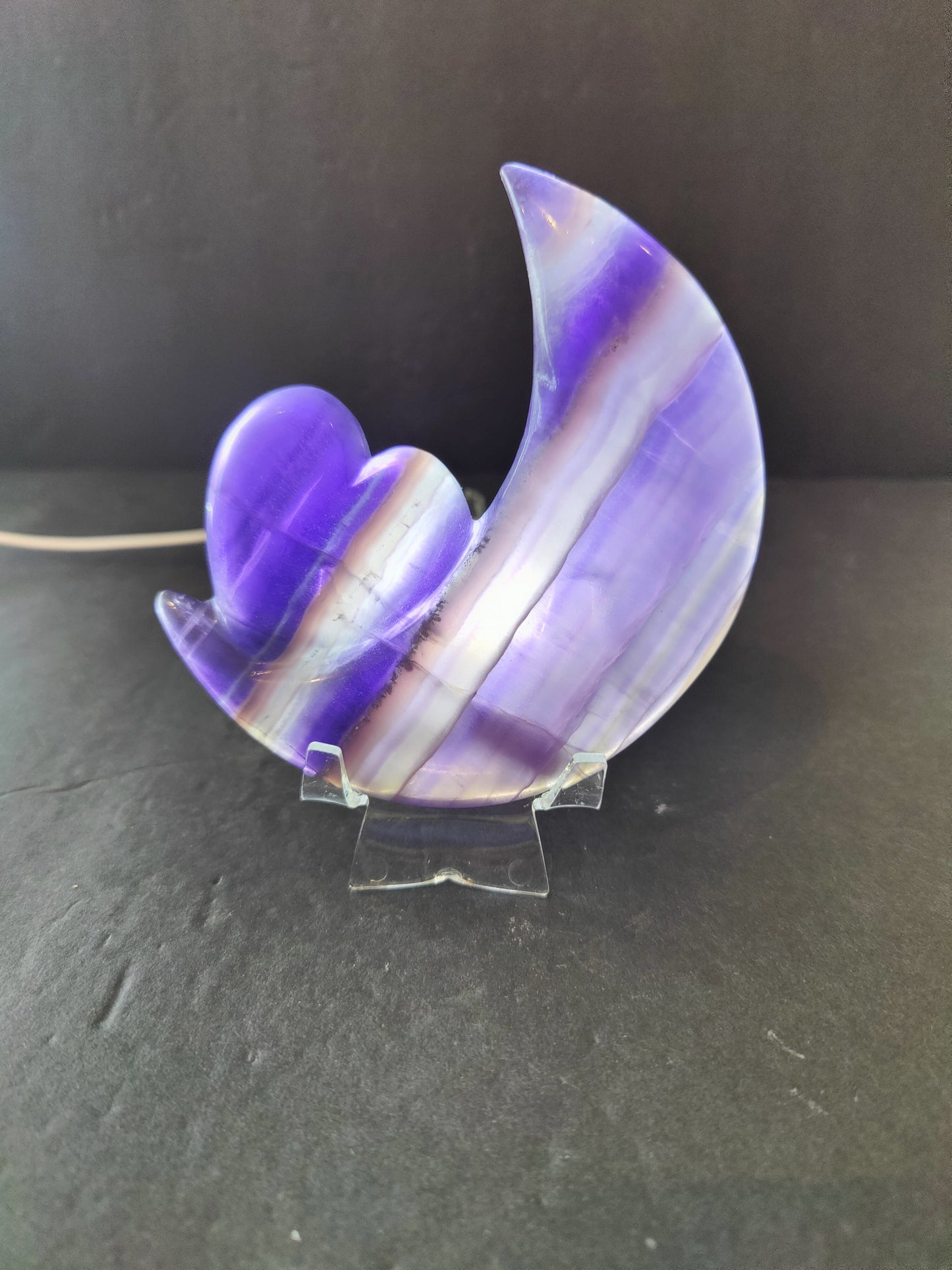 Purple Fluorite Half-Moon & Heart Sculpture on 5" Metal Stand – Lapidary