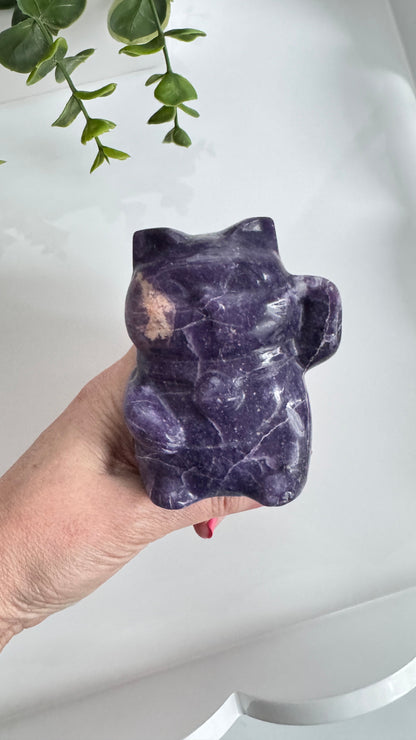 XL Lepidolite & Pink Petalite Lucky Cat | 4" Maneki Neko – Crystals