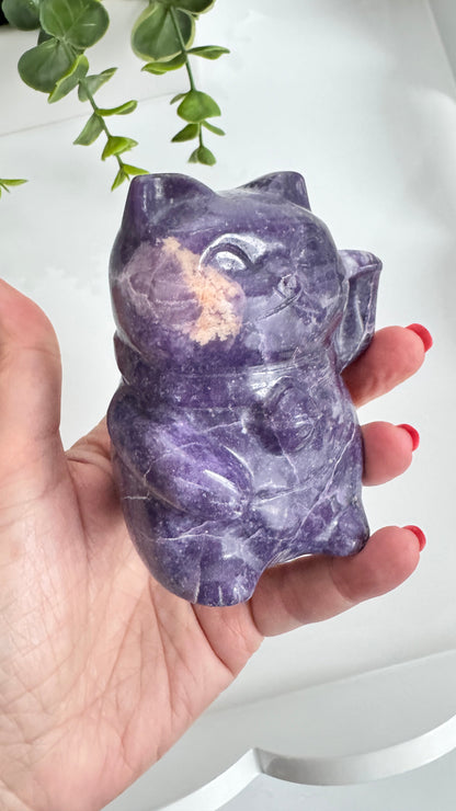 XL Lepidolite & Pink Petalite Lucky Cat | 4" Maneki Neko – Crystals