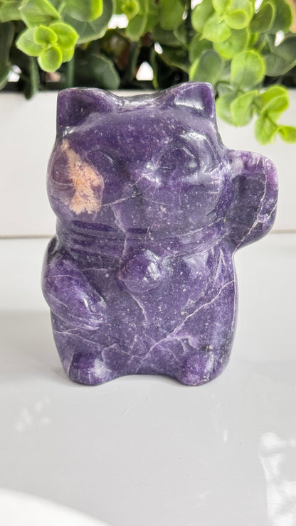XL Lepidolite & Pink Petalite Lucky Cat | 4" Maneki Neko – Crystals