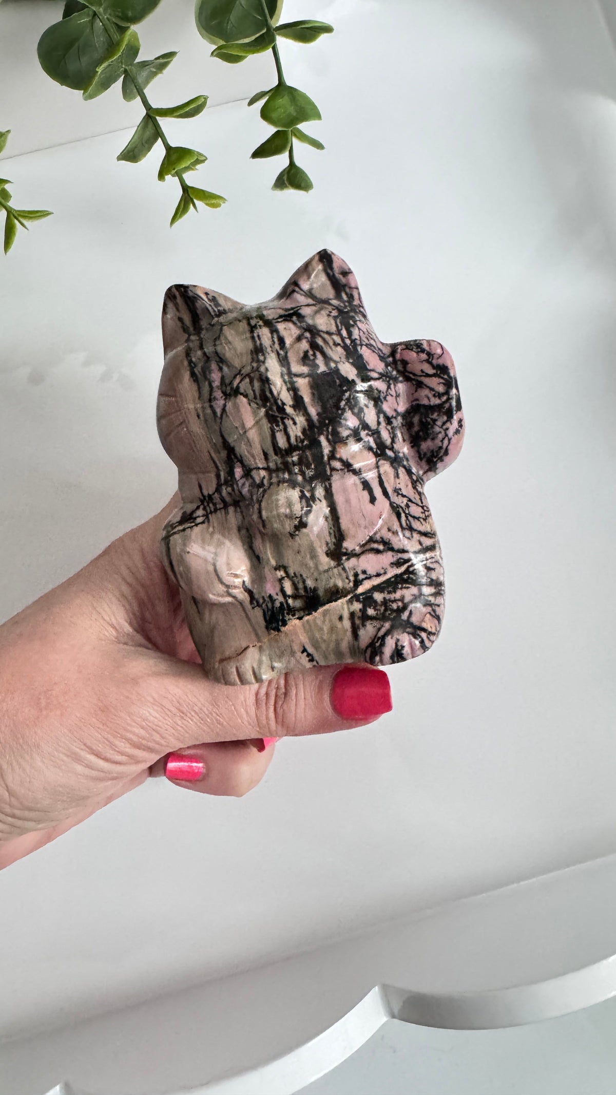 XL Rhodonite Lucky Cat Crystal Carving – 4" Maneki Neko