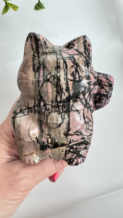 XL Rhodonite Lucky Cat Crystal Carving – 4" Maneki Neko