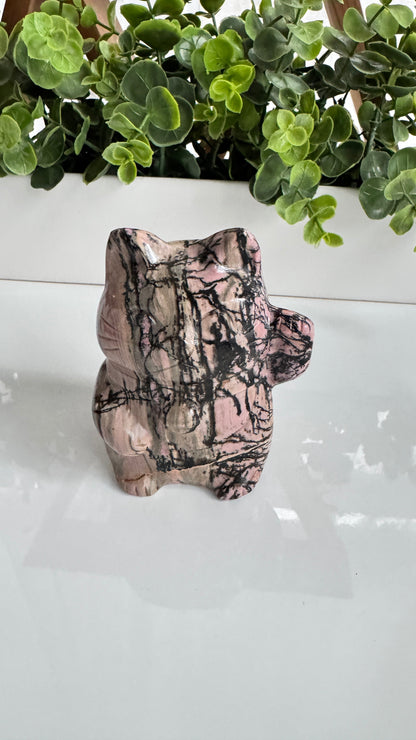XL Rhodonite Lucky Cat Crystal Carving – 4" Maneki Neko