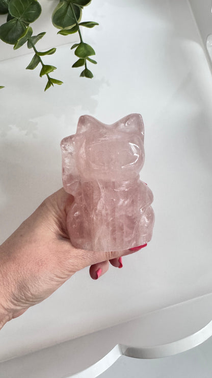 Rose Quartz Lucky Cat – XL 4" Maneki Neko Crystal Carving