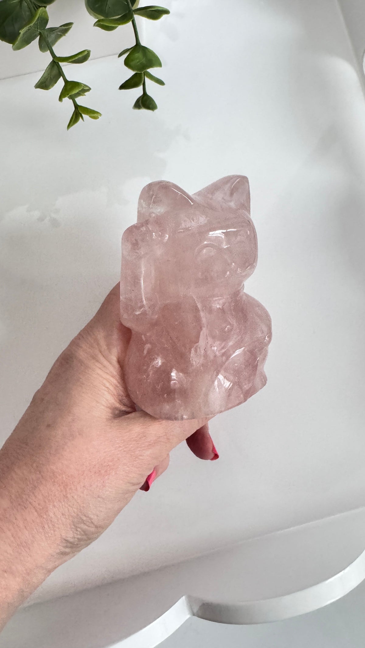 Rose Quartz Lucky Cat – XL 4" Maneki Neko Crystal Carving