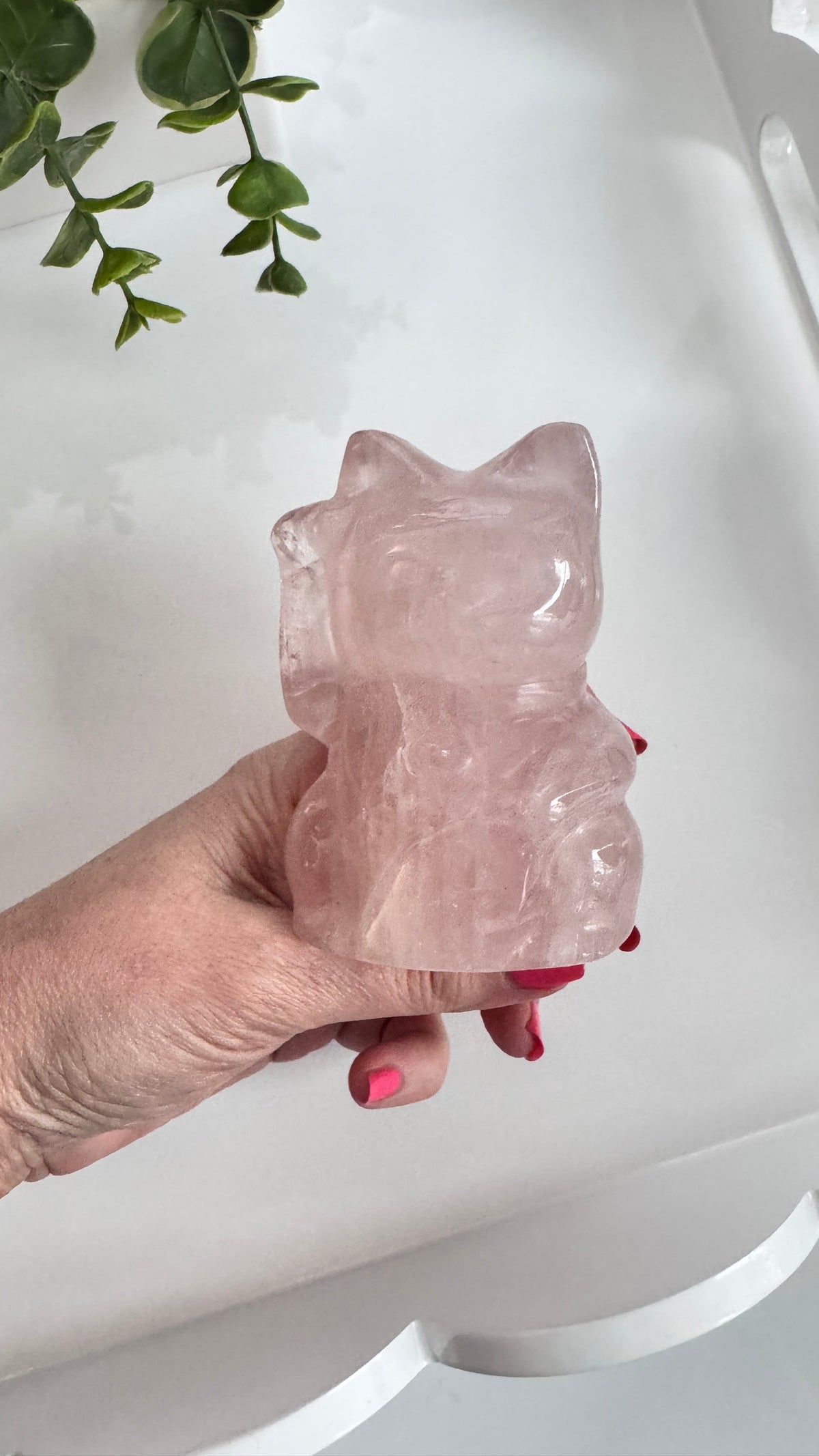Rose Quartz Lucky Cat – XL 4" Maneki Neko Crystal Carving