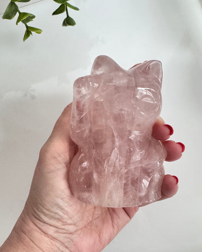 Rose Quartz Lucky Cat – XL 4" Maneki Neko Crystal Carving