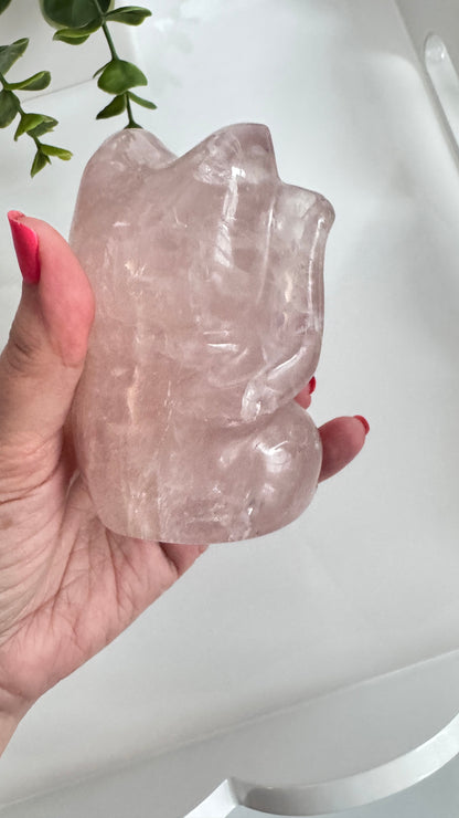 Rose Quartz Lucky Cat – XL 4" Maneki Neko Crystal Carving