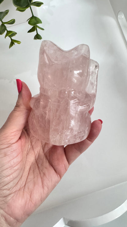 Rose Quartz Lucky Cat – XL 4" Maneki Neko Crystal Carving
