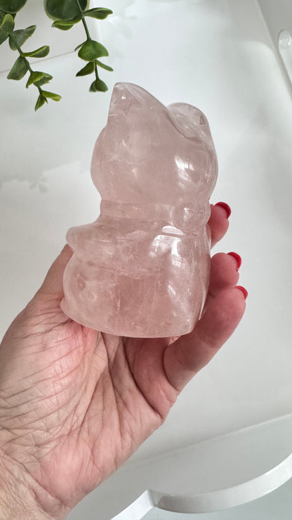 Rose Quartz Lucky Cat – XL 4" Maneki Neko Crystal Carving