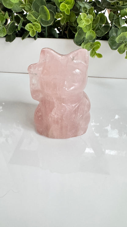 Rose Quartz Lucky Cat – XL 4" Maneki Neko Crystal Carving