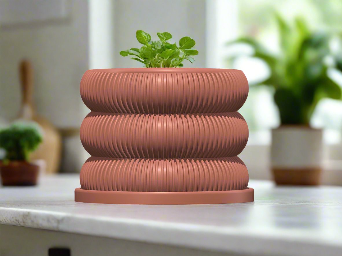 Ribbed Bubble Plant Pot With Drainage and Saucer – Planter