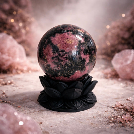 Rhodonite Sphere with Dark Lotus Stand | Handcrafted by Kreateur Studio –