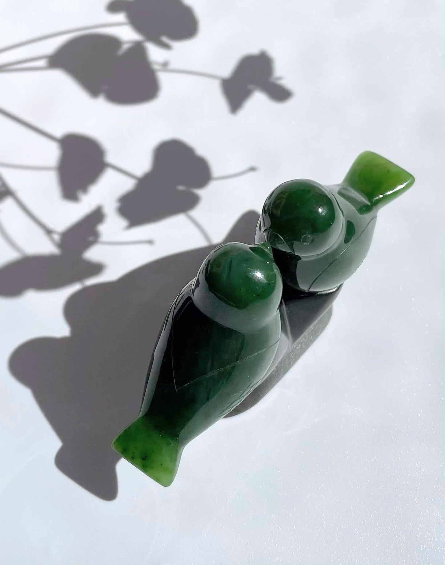Large Jade Lovebirds Carving – Handcarved Green Jade Sculpture