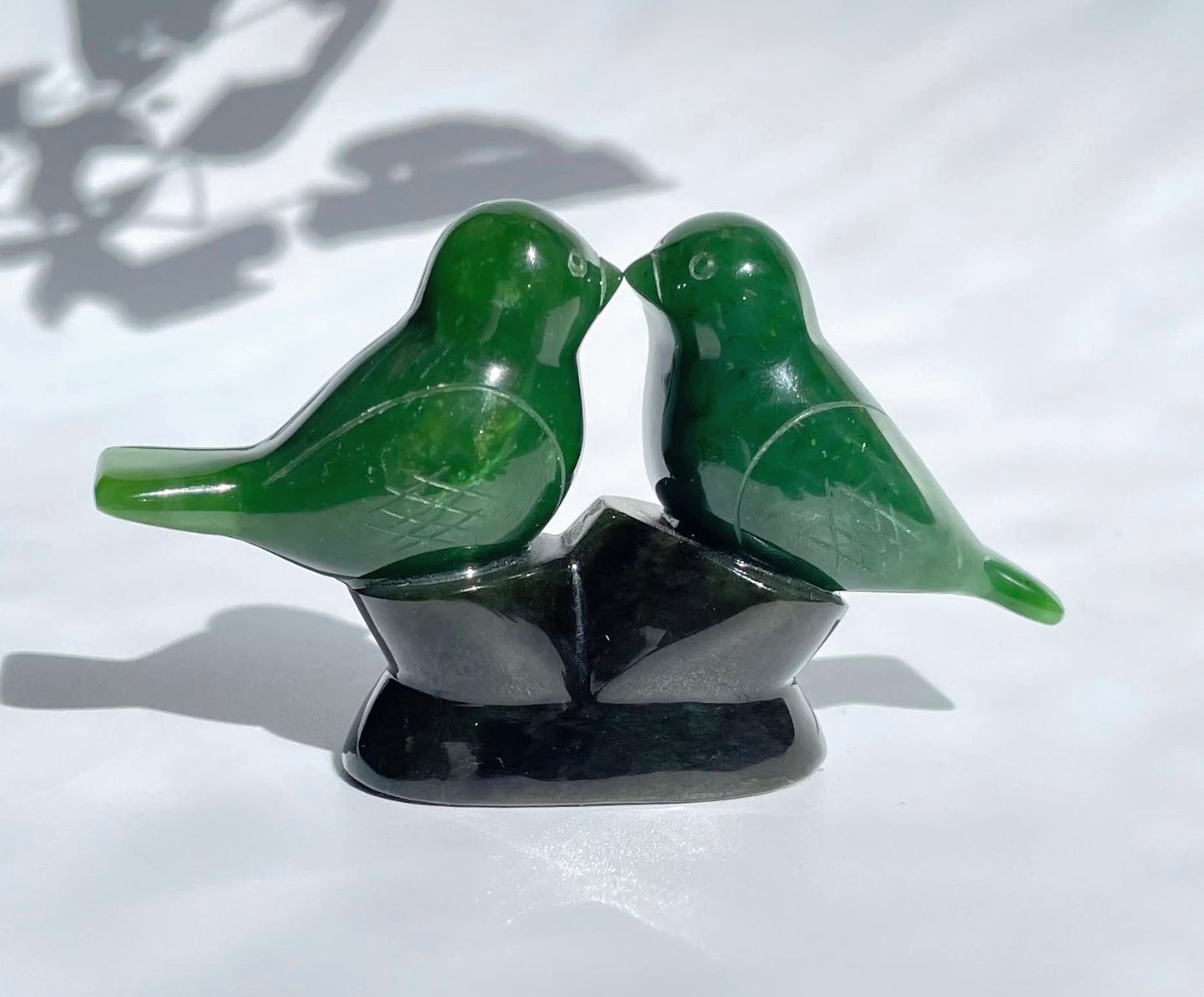 Large Jade Lovebirds Carving – Handcarved Green Jade Sculpture