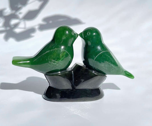 Large Jade Lovebirds Carving – Handcarved Green Jade Sculpture