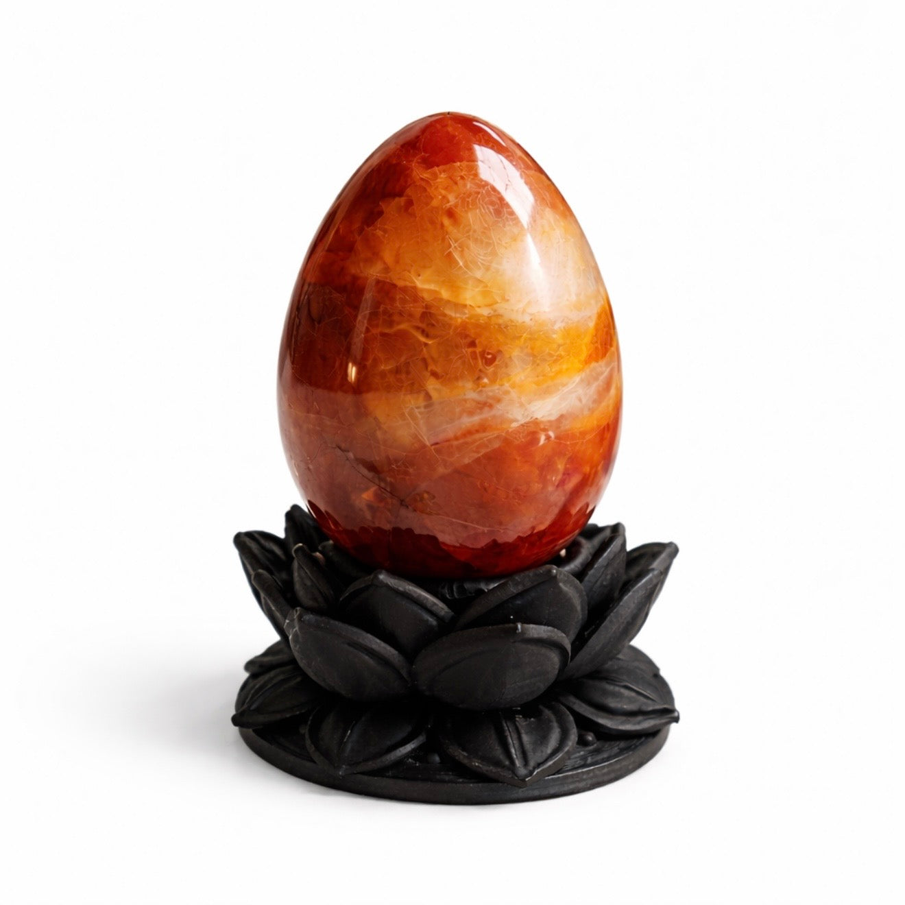 Dark Ethereal Lotus Crystal Egg Stand with Carnelian Agate Egg (Mystic Decor Piece) –