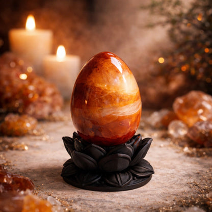 Dark Ethereal Lotus Crystal Egg Stand with Carnelian Agate Egg (Mystic Decor Piece) –