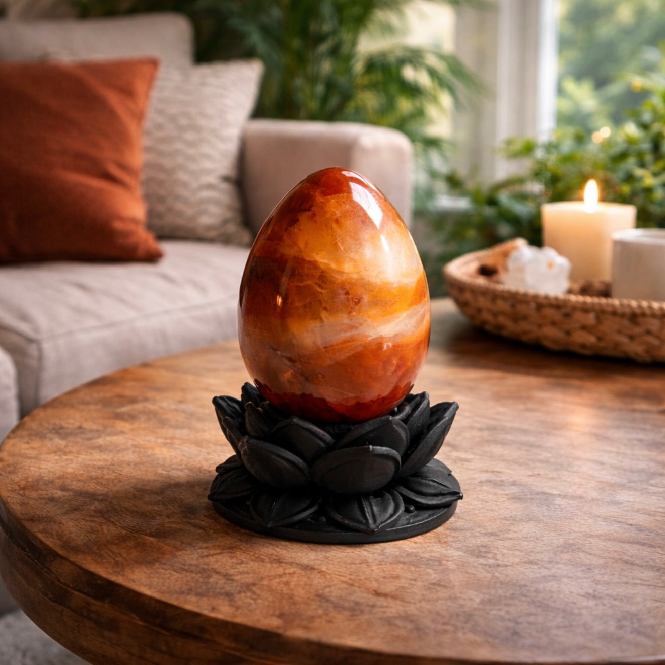 Dark Ethereal Lotus Crystal Egg Stand with Carnelian Agate Egg (Mystic Decor Piece) –