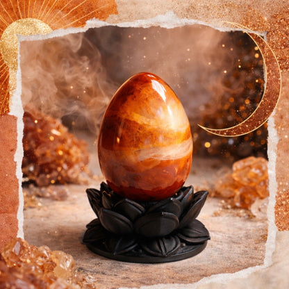Dark Ethereal Lotus Crystal Egg Stand with Carnelian Agate Egg (Mystic Decor Piece) –