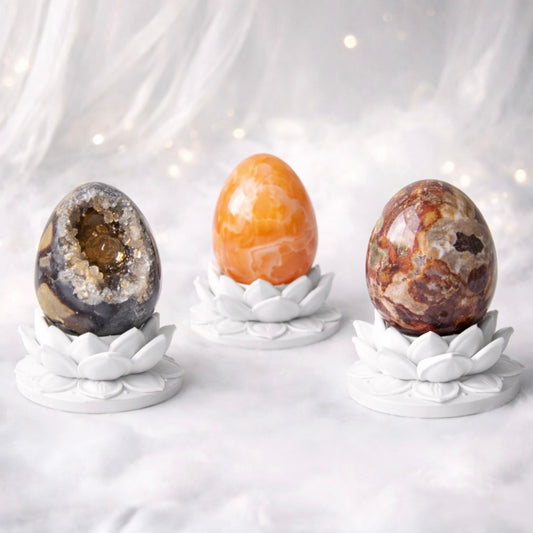 White Lotus Crystal Egg Stand with Natural Crystal Egg | Agate, Jasper, Calcite Display Holder –