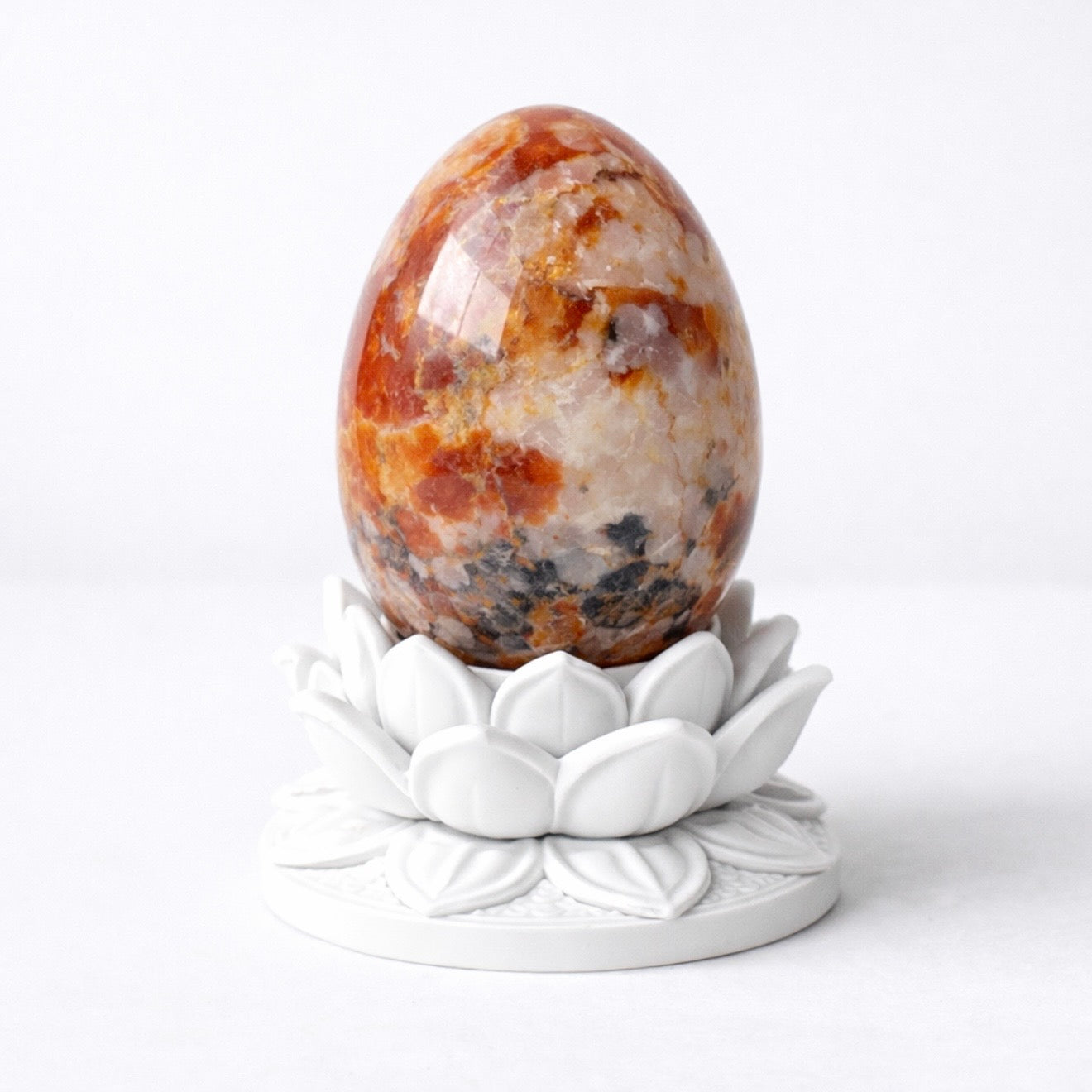 White Lotus Crystal Egg Stand with Natural Crystal Egg | Agate, Jasper, Calcite Display Holder –