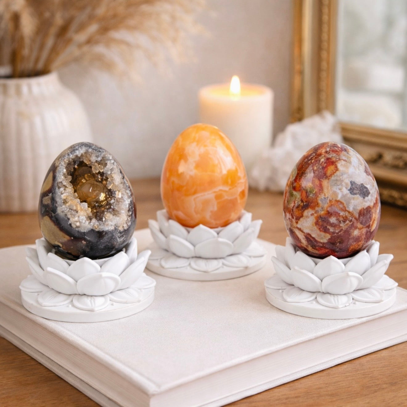 White Lotus Crystal Egg Stand with Natural Crystal Egg | Agate, Jasper, Calcite Display Holder –