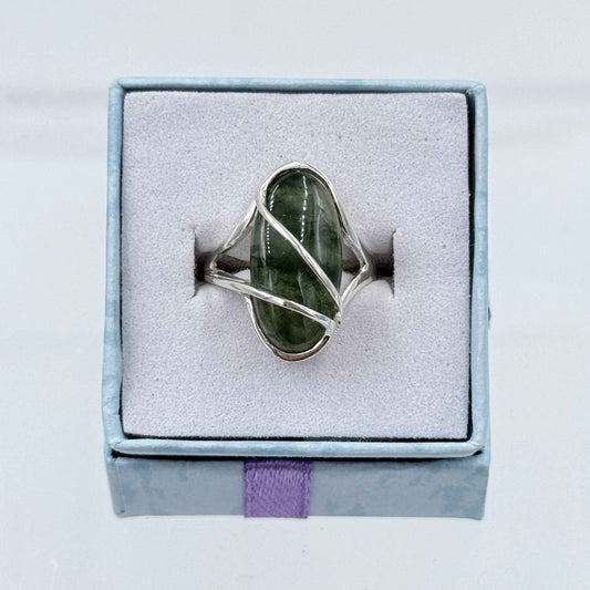 Sterling Silver Flowy Wrapped Moss Agate Ring - Size 6 - Grounding, Nurturing & Growth – Rings