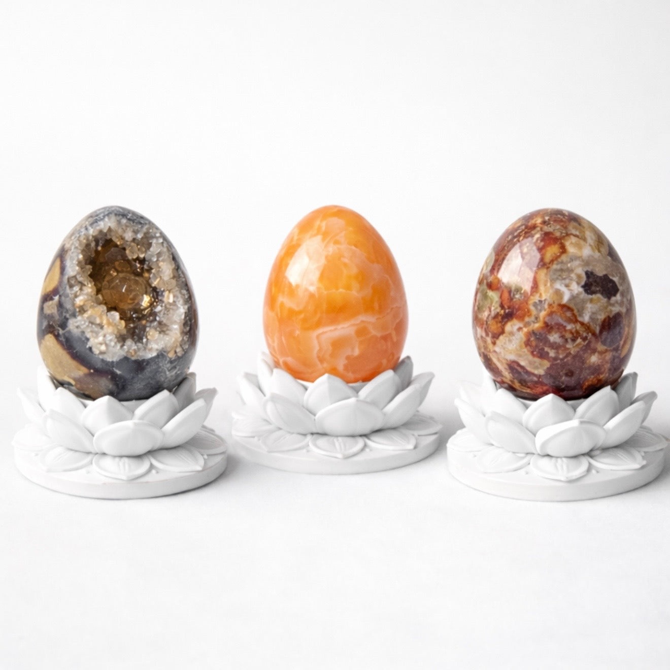 White Lotus Crystal Egg Stand with Natural Crystal Egg | Agate, Jasper, Calcite Display Holder –