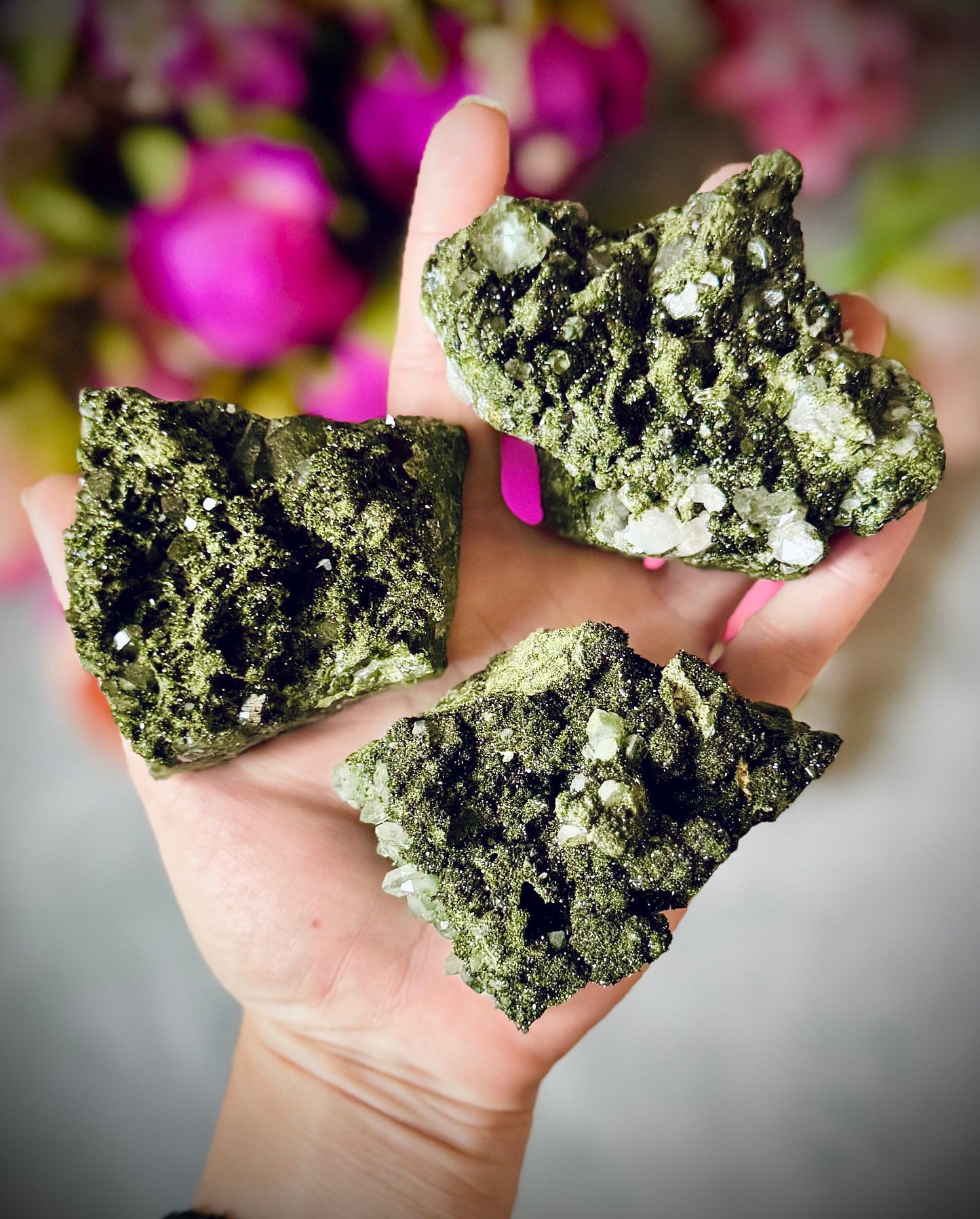 Large Forest Epidote Specimens from Turkey, Epidote and Quartz, Epidote Clusters – 150-174 Grams