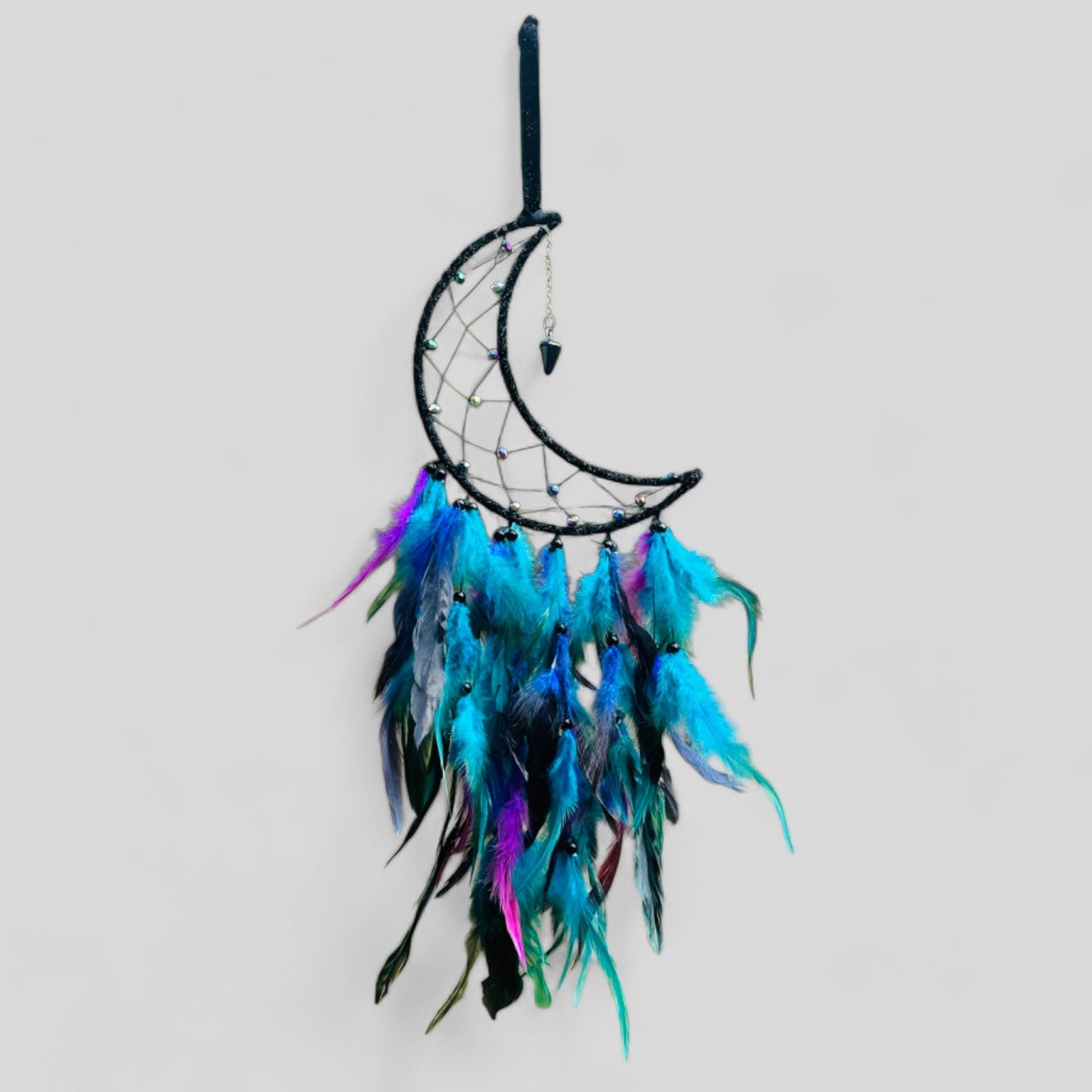 Medium Wall Hanging Crescent Moon Dream Catcher with Black Purple Green Blue Feathers and Charm, Modern Boho Style Home Decor