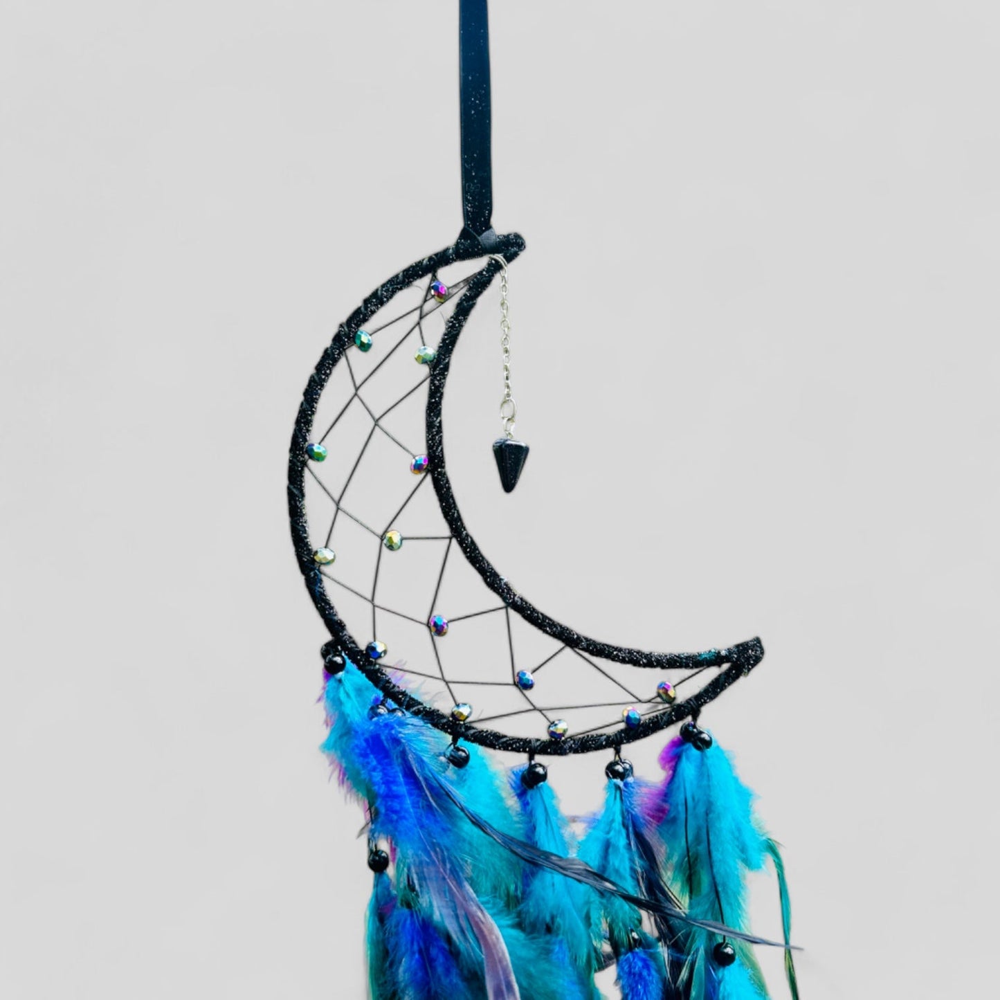 Medium Wall Hanging Crescent Moon Dream Catcher with Black Purple Green Blue Feathers and Charm, Modern Boho Style Home Decor
