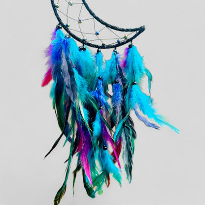 Medium Wall Hanging Crescent Moon Dream Catcher with Black Purple Green Blue Feathers and Charm, Modern Boho Style Home Decor