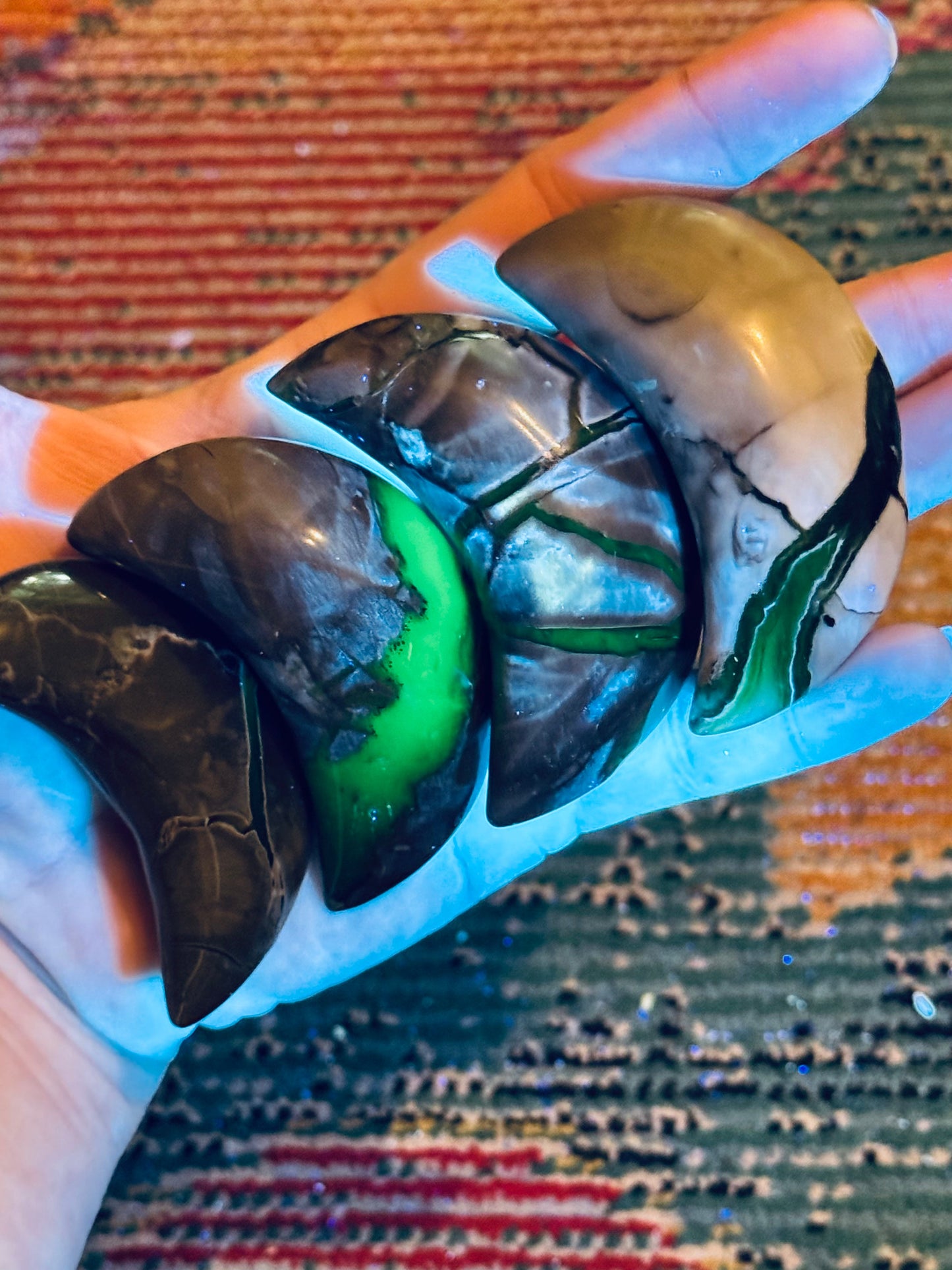 Volcano Agate Crescent Moon, UV Green Fluorescent Minerals – 50-74 Grams CRYSTALS