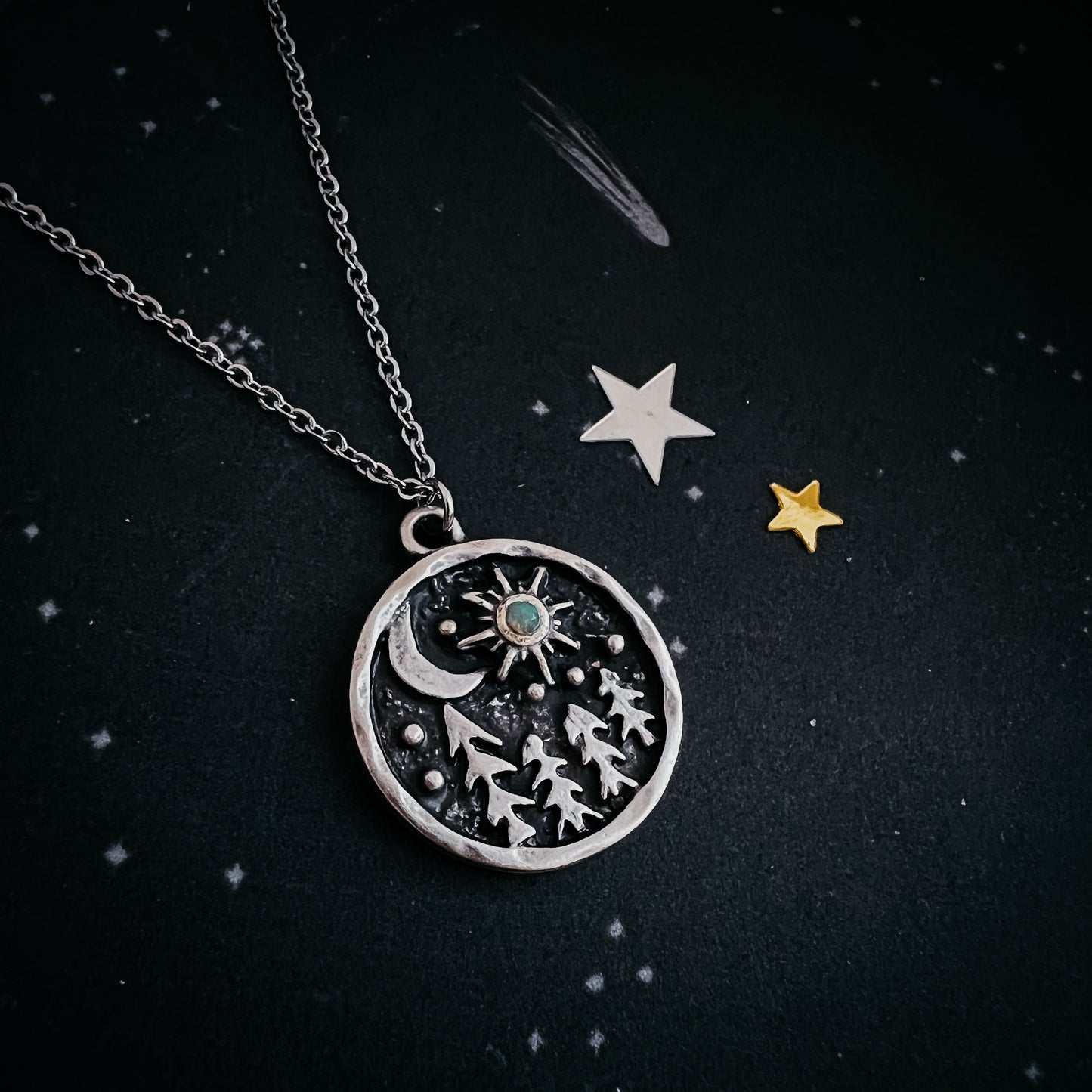 Starry Forest Night Necklace with Opal