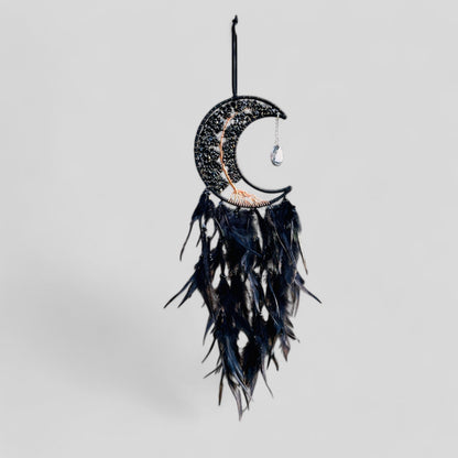 Medium Wall Hanging Crescent Moon Dream Catcher with Black Obsidian Stones & Hanging Stone Charm with Feathers Blacked Out Modern Home Decor