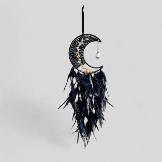 Medium Wall Hanging Crescent Moon Dream Catcher with Black Obsidian Stones & Hanging Stone Charm with Feathers Blacked Out Modern Home Decor