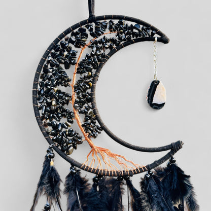 Medium Wall Hanging Crescent Moon Dream Catcher with Black Obsidian Stones & Hanging Stone Charm with Feathers Blacked Out Modern Home Decor