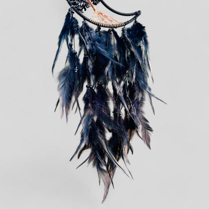 Medium Wall Hanging Crescent Moon Dream Catcher with Black Obsidian Stones & Hanging Stone Charm with Feathers Blacked Out Modern Home Decor