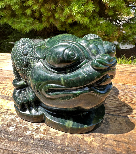 High Quality Dark Green Ogden Jade Toad 5.25" Carved Figurine