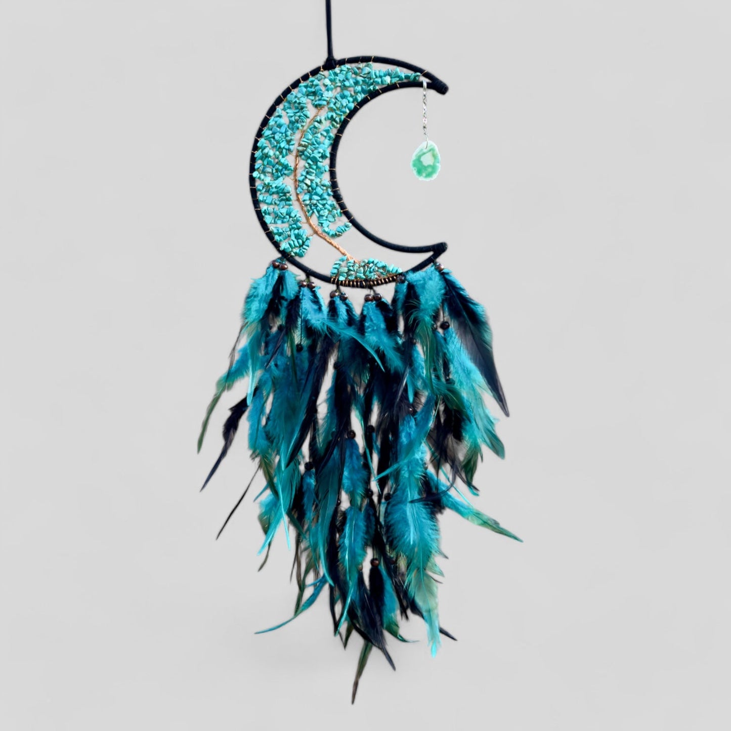 Medium Wall Hanging Crescent Moon Dream Catcher with Turquoise Stones & Hanging Stone Charm with Turquoise Black Feathers Modern Home Decor