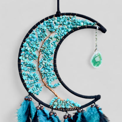 Medium Wall Hanging Crescent Moon Dream Catcher with Turquoise Stones & Hanging Stone Charm with Turquoise Black Feathers Modern Home Decor