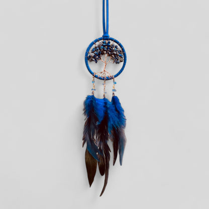 Handmade Blue Tree of Life Dreamcatcher with Blue & Black Feathers - Lapis Lazuli -- Rearview Mirror Hanging or Wall Hanging