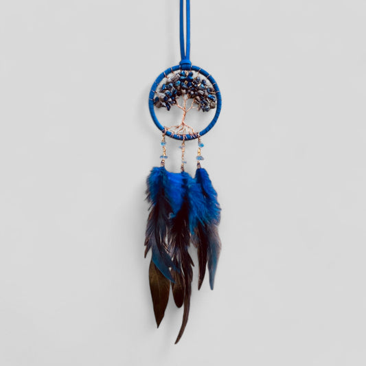 Handmade Blue Tree of Life Dreamcatcher with Blue & Black Feathers - Lapis Lazuli -- Rearview Mirror Hanging or Wall Hanging