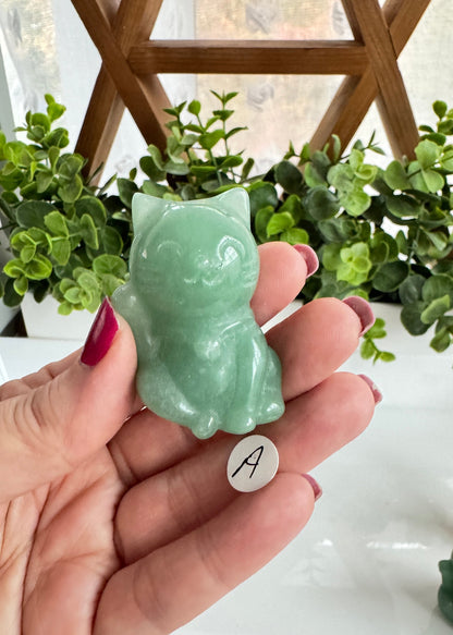 Crystal Lucky Cat Carving | Green Aventurine & Rose Quartz