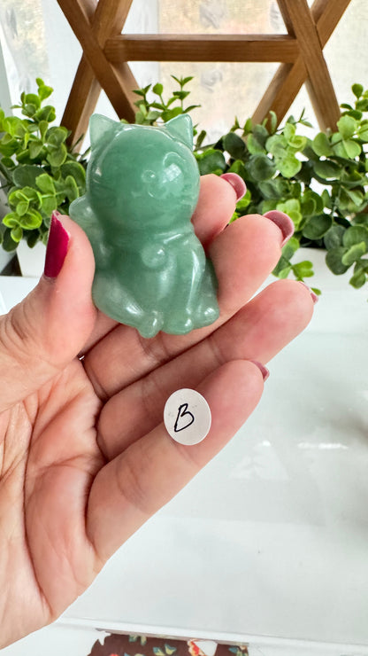Crystal Lucky Cat Carving | Green Aventurine & Rose Quartz