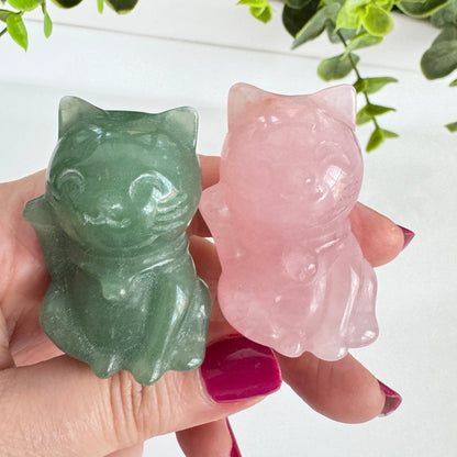 Crystal Lucky Cat Carving | Green Aventurine & Rose Quartz