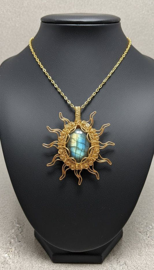 Non-tarnish, gold wire wrapped labradorite sun necklace –