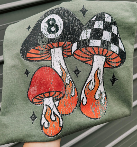 Checker flame 8 ball mushroom tee or sweatshirt –